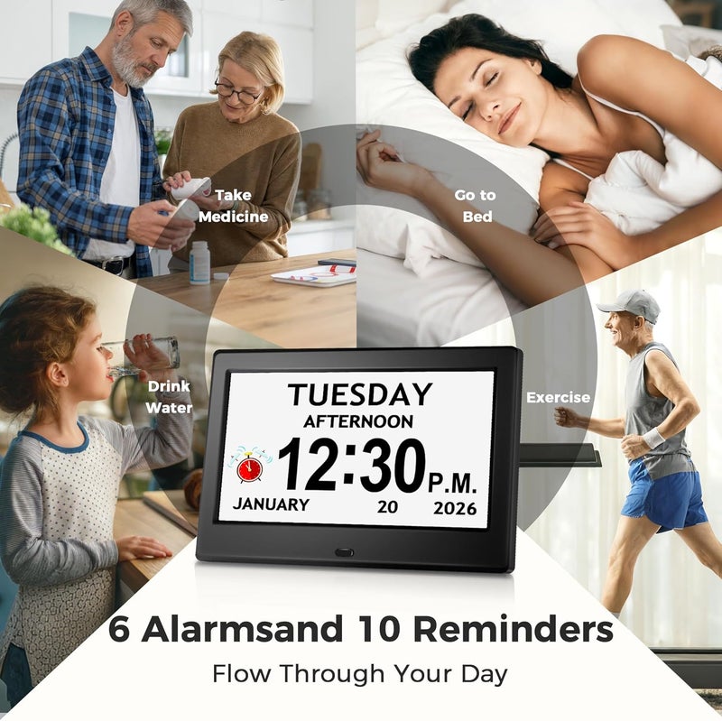 Pastigio 7'' Digital Clock, Dementia Clock With Date And Time, 10 Reminders, 6 Alarms, Auto-Dimming, Auto DST, Remote Control, Large Display Alarm Clock For Seniors, Gifts For People With Dementia, Alzheimers - Image 3